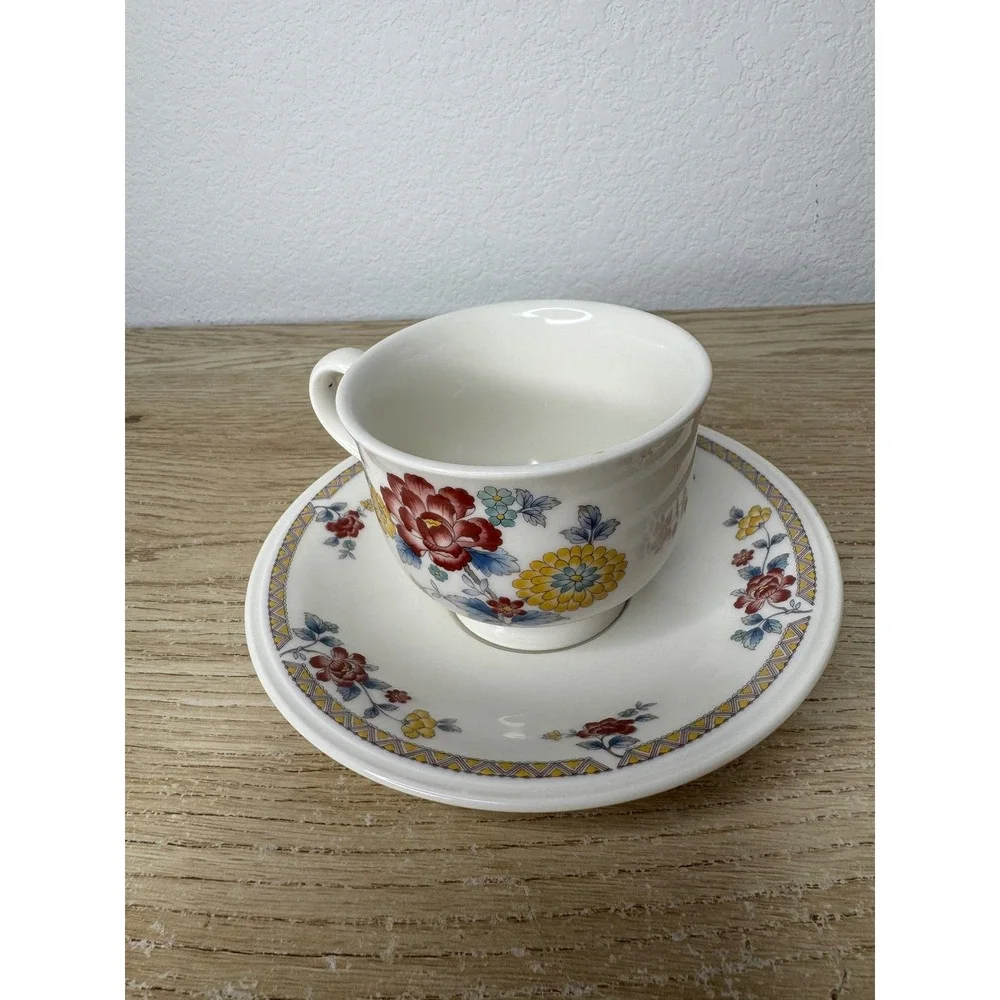 Noritake Versatone Kashmir 9303 Tea Cup and Saucer Set Vintage Floral Stoneware‎